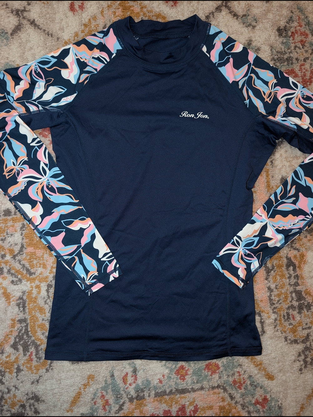 Ron Jon Women's M Navy Rash Guard Multicolor Floral Sleeves UPF 50 Swim Surf